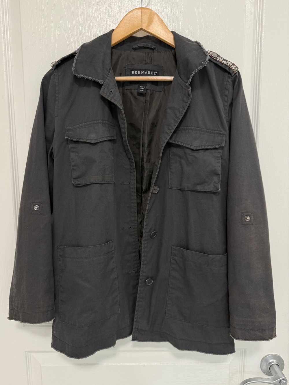 Bernardo Charcoal Gray Vintage Utility Jacket Aztec Ribbon Detail Size 14/16
